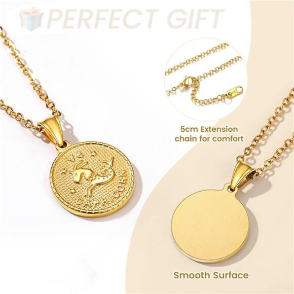 Gold ZodiacNecklace for Women Men,Constellation Coin Horoscope Astrology Pendant - Picture 4 of 7